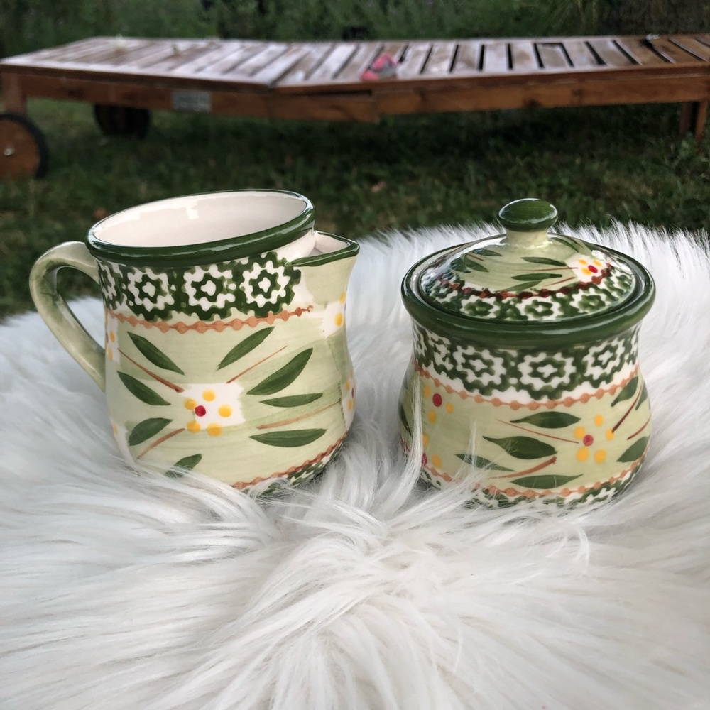 Old world green creamer and sugar